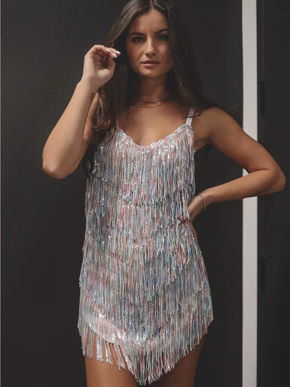 Amazing Lace Multicolor Sequin Fringe Mini Dress